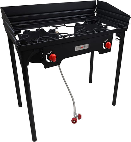 Gas One Propane Double Burner Two Burner Camp Stove with Windscreen Outdoor High Pressure Propane 2 Burner Adjustable PSI Regulator and 4ft Steel Braided Hose With Removable Legs