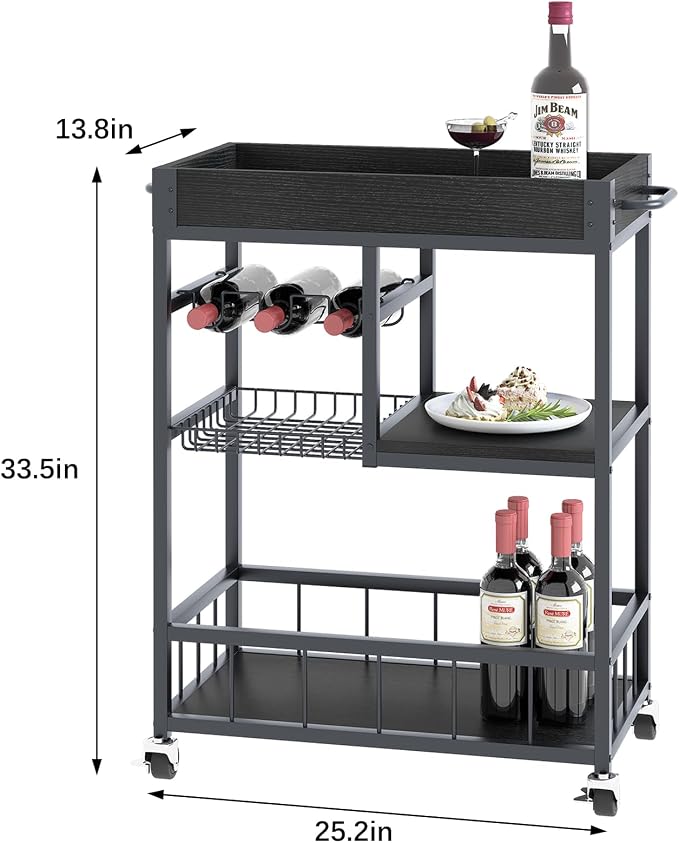 Bar Cart with Basket Wine Rack with Wheels Wood Metal Cart for Party | Basket