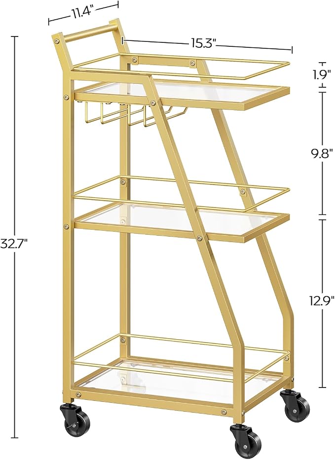 Bar Cart, 3-Tier Home Bar Serving Cart with Wheels, Drink Cart with Glass Holder, Beverage Cart, Rolling Kitchen Cart, for Home, Living Room, Transparent and Gold BC03GD
