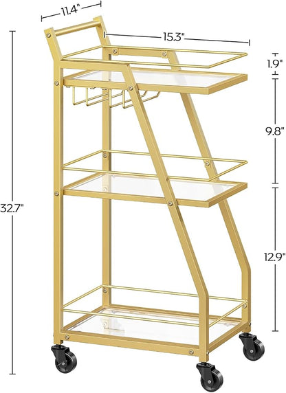 Bar Cart, 3-Tier Home Bar Serving Cart with Wheels, Drink Cart with Glass Holder, Beverage Cart, Rolling Kitchen Cart, for Home, Living Room, Transparent and Gold BC03GD