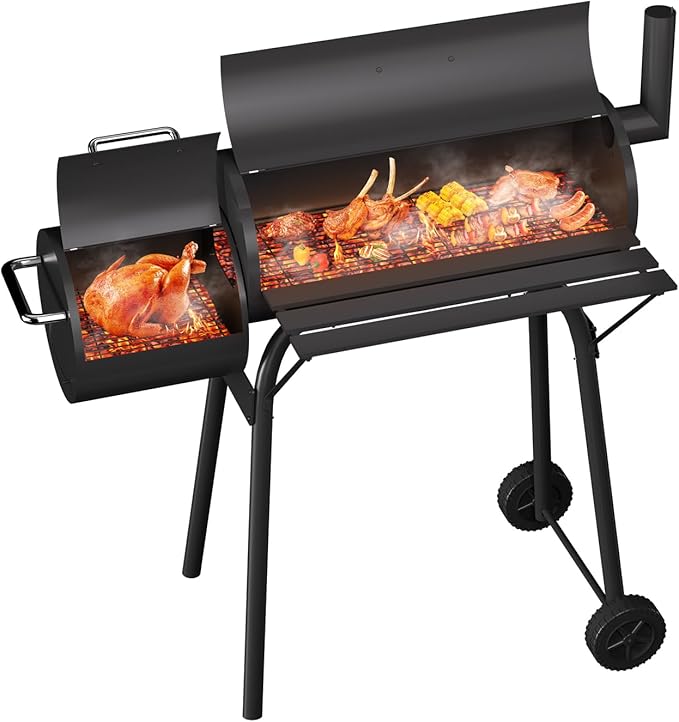 Charcoal Grills & BBQ Grill，43" Outdoor Offset Smoker Barbecue Grill with Built-in Thermometer & Wheels for Backyard, Patio, Camping