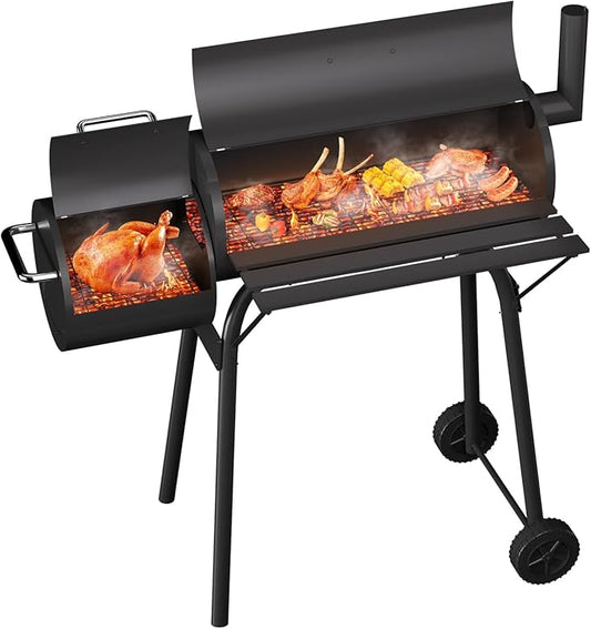 Charcoal Grills & BBQ Grill，43" Outdoor Offset Smoker Barbecue Grill with Built-in Thermometer & Wheels for Backyard, Patio, Camping