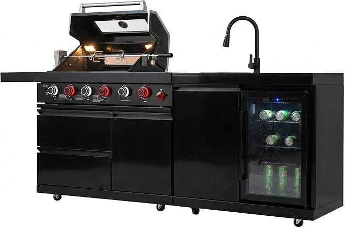 RIGO Premium Black 6 Burner Outdoor Kitchen Island Grill,84 Inch 75300 BTU 304 Stainless Steel Dual Fuel BBQ Grill with Sink,Fridge & Black Granite Countertop for Backyard Patio Commercial Cooking