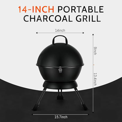 14-Inch Portable Barbecue Grill,Outdoor Small Grill with Dual Venting System and Warming Rack for Picnic, Camping, Backyard,Black