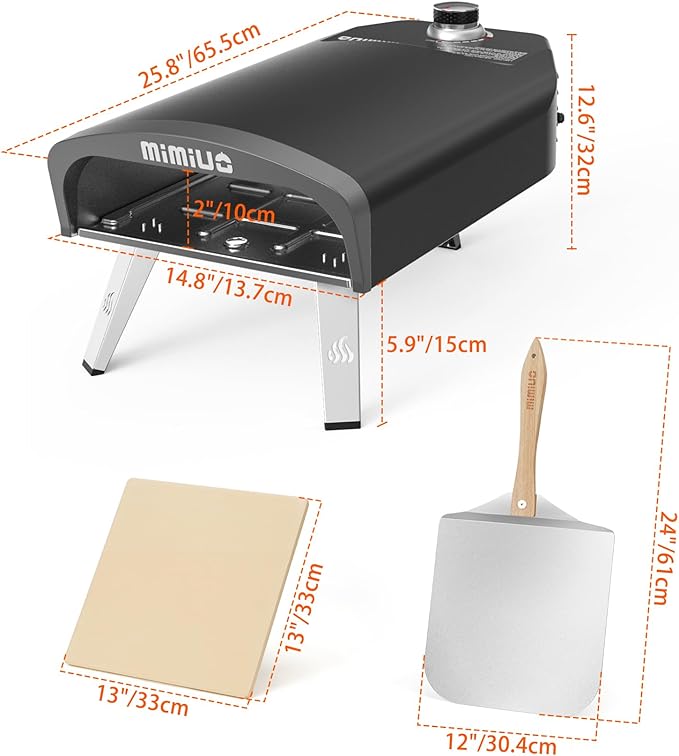 Mimiuo Gas Pizza Oven Outdoor - 33 lbs Heavy Duty Propane Pizza Stove for Outside, 60 Second Pizza - Includes 13" Square Stone Foldable Peel & Cover - Portable for Backyard Camping