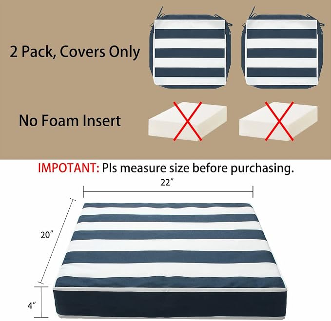 Magpie Fabrics Indoor Outdoor Cushion Cover Replacement 2 Pack, NO Insert! Water Repellent Slipcover with Ties Christmas Decor for Patio Garden Chair Seat Sofa Bench Wicker(Navy White, 22x20x4 Inch)