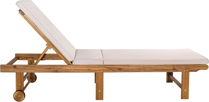 JONATHAN Y Mallorca 23.62" x 77.17" Acacia Wood Chaise Lounge, Beige | 5-Position Reclining Back, Foldable Frame, Dual Rear Wheels, Included Cushion, Teak Brown Finish, Armless Slat, Coastal Style