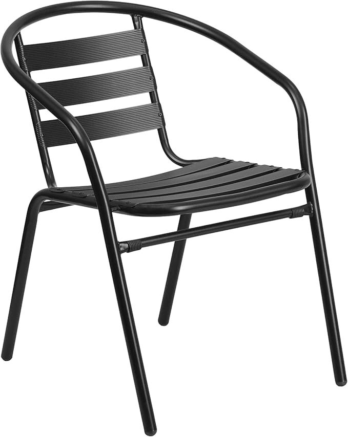 Flash Furniture Lila 23.5'' Square Glass Metal Table with 2 Black Metal Aluminum Slat Stack Chairs