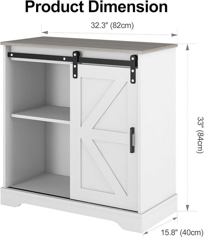 Panana Sliding Barn Door Buffet Sideboard Storage Cabinet Coffee Bar Kitchen Farmhouse Style (White Cabinet Nature Top)