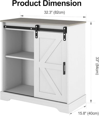 Panana Sliding Barn Door Buffet Sideboard Storage Cabinet Coffee Bar Kitchen Farmhouse Style (White Cabinet Nature Top)
