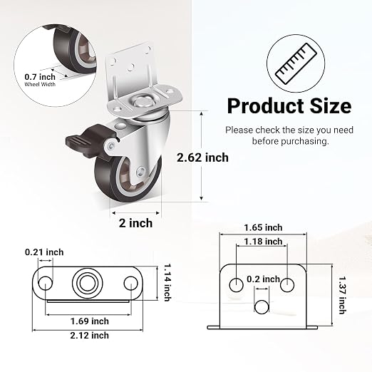 Nefish 2 Inch Side Mount Casters Wheels 12 Pack, L-Shaped Rubber Casters Wheels for Furniture, Plate Castors 2 X 4, Durable Heavy Duty Castor Wheels for Cabinet, Boxes, DIY, Desk, Table, Crib