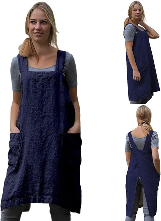 TBA Cotton Linen Apron Cross Back Apron for Women with Big Pockets Square Pinafore Dress for Baking Cooking BBQ & Grill