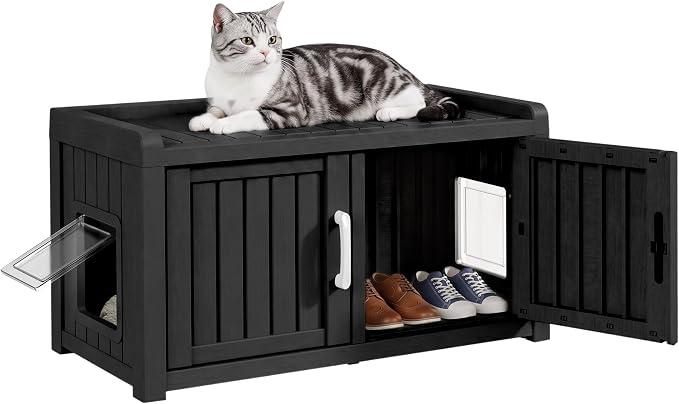 2 Doors Shoe Storage Bench with Cat Cabinet for Entryway, Hallway, Black | 2 Hidden Side Doors Entryway Bench with Seat, Waterproof Resin Shoe Rack for Entryway, Bedroom, Living Room, Indoor/Outdoor