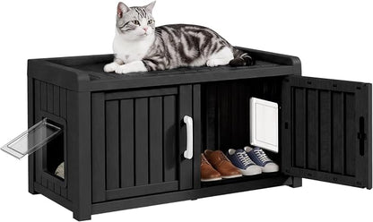 2 Doors Shoe Storage Bench with Cat Cabinet for Entryway, Hallway, Black | 2 Hidden Side Doors Entryway Bench with Seat, Waterproof Resin Shoe Rack for Entryway, Bedroom, Living Room, Indoor/Outdoor