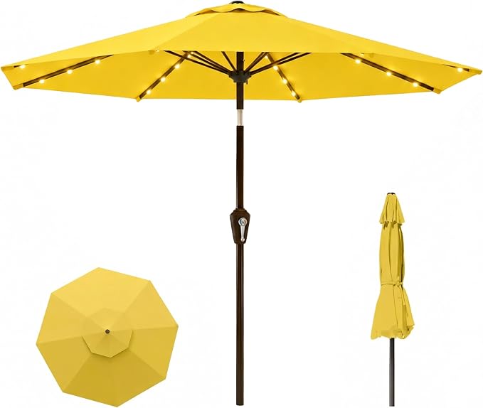 11FT Solar Lighted Patio Umbrella, Outdoor Table Market Umbrellas with Crank Lift, 32 LED Lights, 8 Sturdy Ribs, UV-Resistant for Deck, Garden, Pool
