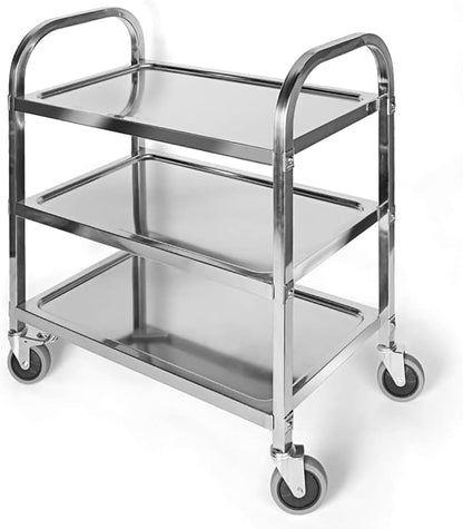 Nisorpa 3 Tier Kitchen Rolling Cart, Stainless Steel, L30 x W16 x H33 Inch | Utility Cart with Wheels, Serving Trolley, Catering Storage Shelf, 2 Lockable Wheels, For Hotel, Restaurant, Home Use