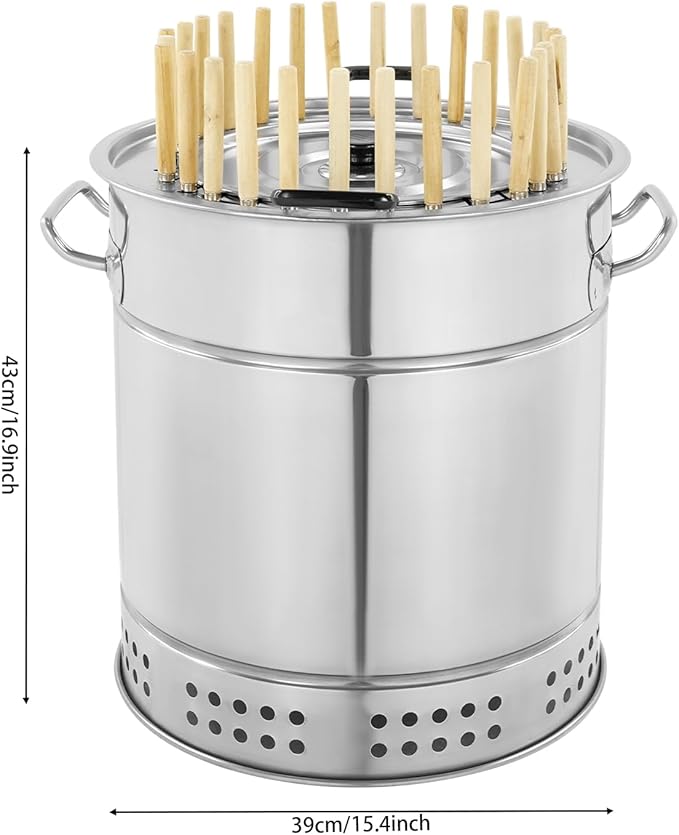 BBQ Charcoal Grill 15.4 Inch 201 Stainless Steel kebab Surround Charcoal Barrel Shape Grill with 28 Skewers and Barbecue Grill Cooking Grate for Picnics, Camping, Party