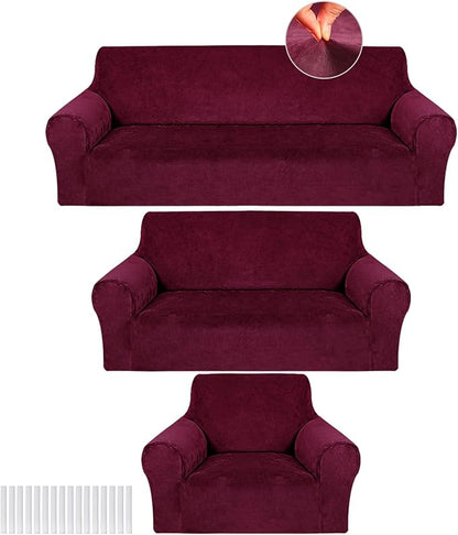 Peryiter 3 Pcs Couch and Loveseat Sofa Covers,Burgundy,Velvet | Armchair Covers for Living Room, Sofa Cushion Slipcover, Furniture Protector, Polyester and Spandex, Washable