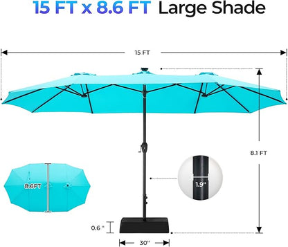 SUPERJARE 15ft Large Patio Umbrella with Base included, Double Sided Outdoor Umbrella with Solar Lights, Pool Umbrella with Fade Resistant Canopy for Deck, Porch, Yard, Balcony, Light Blue