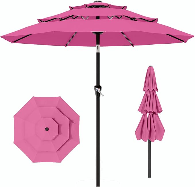 AreShark 9ft 3-Tier Patio Umbrellas, Outdoor Umbrella with 8 Sturdy Ribs UV Protection Windproof, Market Table Umbrella w/Push Button Tilt & Crank for Pool, Porch, Deck, Garden(Rose Pink)