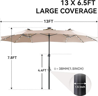 GREEN PARTY 13ft Outdoor Patio Umbrella with Solar Lights, 120 LED 12-Mode Large Double Sided Rectangular Table Umbrella, Heavy Duty Triple-Head Shade for Backyard Deck & Poolside, Beige (No Base)