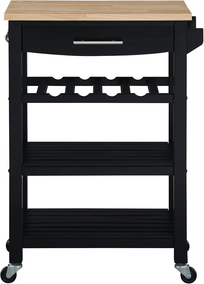 Convenience Concepts Ellaine Butcher Block Kitchen Cart 24.75" - 4 Tier Kitchen Island with Storage Drawer, Dining Room Wine Rack on Wheels, Coffee Station Table, Mobile Utility Trolley, Black