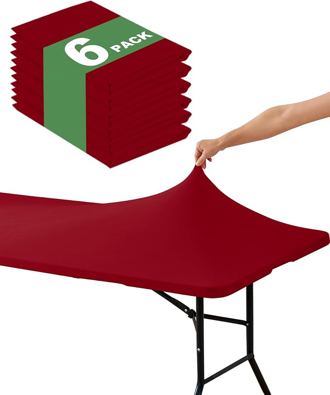 Fitted Tablecloth Rectangle Table Cloths with Elastic, 8 ft, Red, 6 Pack | For Outdoor Picnic Camping Party 8 foot Folding Spandex Table Covers, Water-Resistant, Windproof, Reusable, 96"L x 30"W