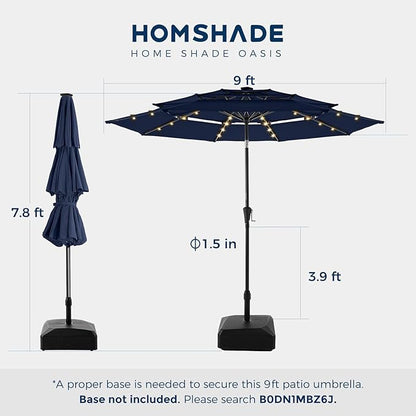 HOMSHADE 9FT 3-Tier Solar Patio Umbrella Heavy Duty,Vented Market Table Umbrella Windproof with 32 LED Lights,UPF50+,5-Year Fade Resistant,8 Thicker Ribs for Pool,Lawn,Garden,Deck (Navy Blue,No Base)