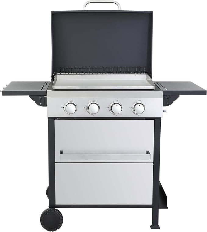 4-Burner Propane Gas BBQ Grill, SS Plancha, 49200BTU Output With Wire Enamel Cooking Grids For Outdoor Barbecue, Foldable Side Table, Hanging Basket, Stainless Steel
