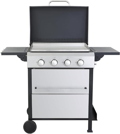 4-Burner Propane Gas BBQ Grill, SS Plancha, 49200BTU Output With Wire Enamel Cooking Grids For Outdoor Barbecue, Foldable Side Table, Hanging Basket, Stainless Steel