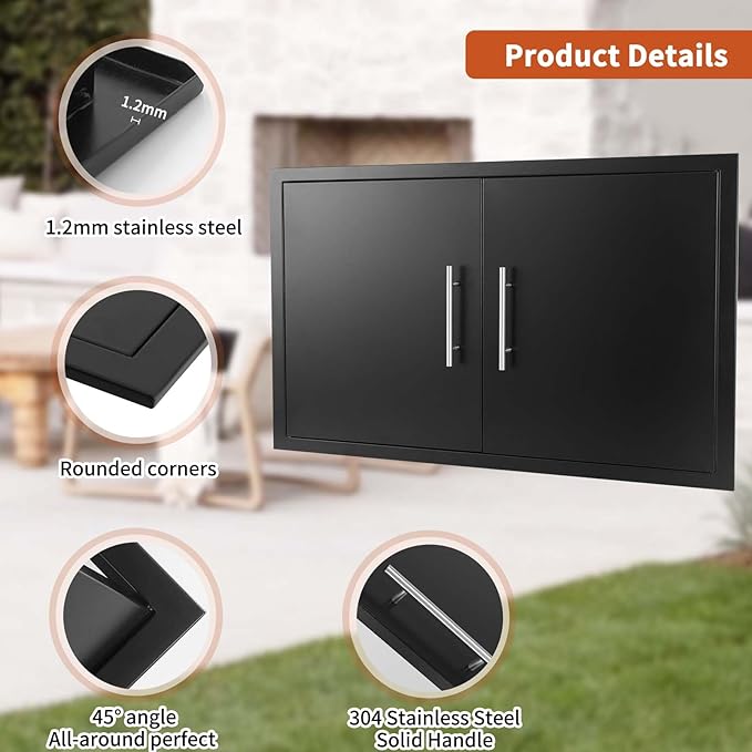 JIE JIN Outdoor Kitchen Doors 35" W X 24" H Double Doors 1.2mm Thickness Stainless Steel BBQ Access Door BBQ Island Doors Outdoor Kitchen Accessories Door for Outdoor Kitchen BBQ Island (Black)