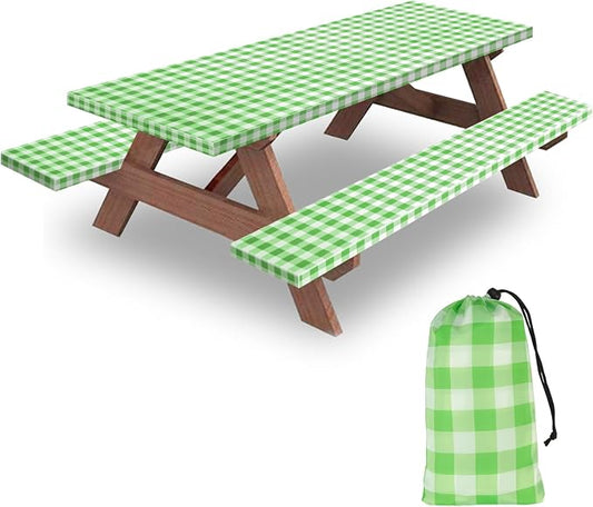 6ft 72" Picnic Table and Bench Cover, 3 Pack, Green-White Checkered | Drawstring Bag, Waterproof Windproof, Elastic Fitted Edges Tablecloth, for Rectangle Table & Seat, Camping Essentials RV Gear