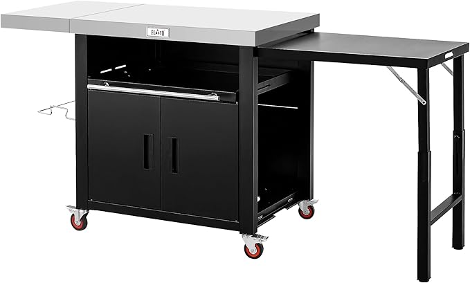 Feasto Outdoor Kitchen Island with Cabinet, Outdoor Grill Table with Stainless Steel Top for Pizza Oven& Griddles, Movable Bar Cart with Pull-Out Plate for Parties& Gathering, Heavy-Duty, L74”x W24”