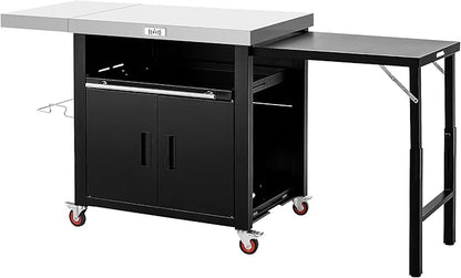 Feasto Outdoor Kitchen Island with Cabinet, Outdoor Grill Table with Stainless Steel Top for Pizza Oven& Griddles, Movable Bar Cart with Pull-Out Plate for Parties& Gathering, Heavy-Duty, L74”x W24”