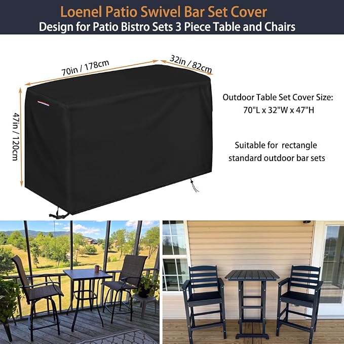 Patio Waterproof Swivel Bar Set Covers, 70" L x 32" W x 47" H | Outdoor Bar Height Set Cover for Patio Bistro Sets 3 Piece Table and Chairs, 600D Outdoor Bars Height Dining Sets Cover