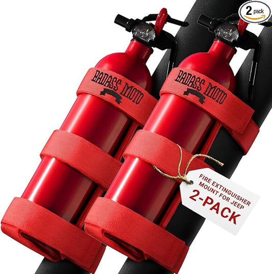 Badass Moto Fire Extinguisher Mount for Jeep - Roll Cage Holder, Adjustable for Wrangler JL, JK, JKU, TJ, CJ, Gladiator & Bronco, Fits Through 2026, No Drill, Off Road - Jeep/Bronco, Red, 2 Pack