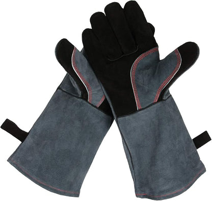 OZERO 16 Inch Heat Resistant Welding Gloves, 20% Thicker Genuine Split Cowhide 932℉ EN407 Certified Leather Fire Gloves for Grill Oven Fireplace Black-gray