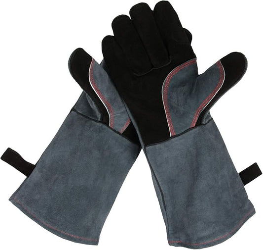 OZERO 16 Inch Heat Resistant Welding Gloves, 20% Thicker Genuine Split Cowhide 932℉ EN407 Certified Leather Fire Gloves for Grill Oven Fireplace Black-gray