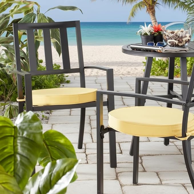 Set of 2 Outdoor 18 inch Round Patio Dining Chair Pads – Comfortable Fiber-Filled Seat Cushions with Ties, Reversible Polyester Fabric - Sunbeam