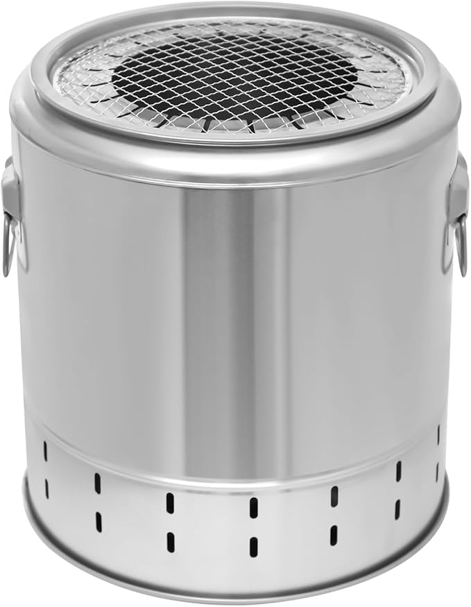 2-in-1 Portable Smokeless Barbecue Charcoal Barrel Grill, 13.4" Stainless Steel 360° Surround Barbecue Barrel with 20 Skewers & BBQ Grill Cooking Grate for Travel Outdoor Cooking