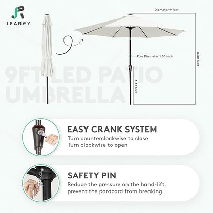 JEAREY 9FT Outdoor Patio Umbrella with Solar Lights, LED Lighted Pool Umbrella with Tilt and Crank, Outdoor Table Umbrellas for Deck, Yard & Market (Off White)