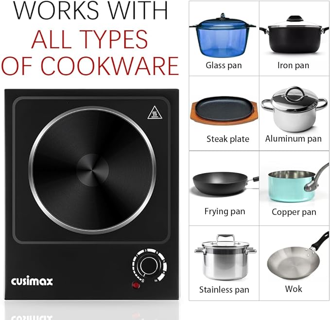 CUSIMAX Single Burner Electric Hot Plate, 1500W, Stainless Steel, Black | Adjustable Temperature/Works with All Cookware/Overheating Protection/Compact & Portable/Stainless Steel/Embeddable Design