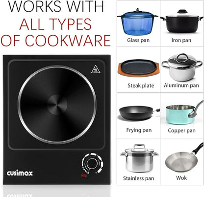 CUSIMAX Single Burner Electric Hot Plate, 1500W, Stainless Steel, Black | Adjustable Temperature/Works with All Cookware/Overheating Protection/Compact & Portable/Stainless Steel/Embeddable Design
