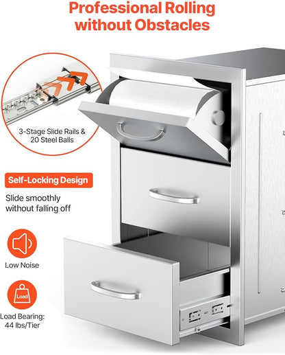 VEVOR Outdoor Kitchen Drawers, 16.5" W x 29" H x 20.5" D Triple Access Drawers, Stainless Steel Flush Mount Cabinets, BBQ Island Storage with Paper Towel Holder & Handle, for Patio Grill Station