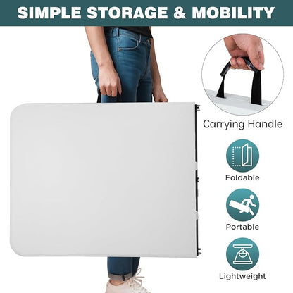 FDW | 6FT Folding Table | White | Portable Plastic Table | with Carry Handle | Waterproof & Foldable Table Design | Steel Frame with Lock | for Events, Camping, Indoor & Outdoor Use