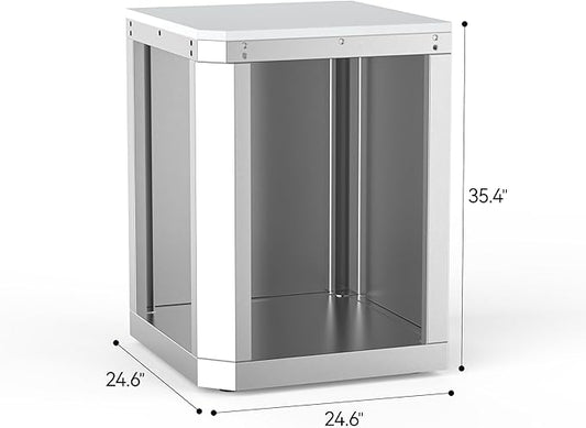 Small Outdoor Kitchen 90° Corner Cabinet, Stainless Steel Storage with White Quartz Countertop, for Compact L‑Shaped Grill Island, Patio BBQ