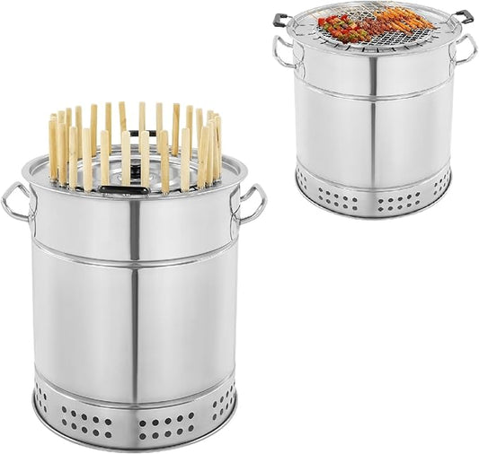 Smokeless Barbecue Charcoal Barrel, 2-In-1 Stainless Steel Thermal Insulation Charcoal Kebab Grill with Skewers & BBQ Net for Picnics, Camping, Traveling, Parties (28 Skewers)