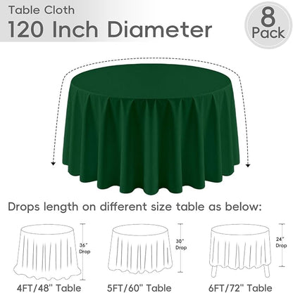 8 Pack Hunter Green Round Tablecloth 120 Inch | For 4Ft-7Ft Round Table, Wrinkle Resistant Table Cloth, Washable Polyester Fabric, For Wedding Party Banquet Buffet Camping