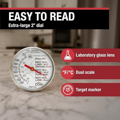 CDN Ovenproof Meat Thermometer NSF Certified Pro Accurate, Temperature Guide on 2" Dial - Easy-to-Read - Poultry, Roasting, Waterproof - IRM200