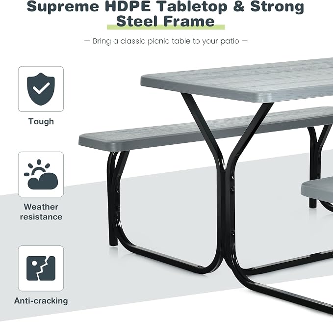 Picnic Table, Outdoor Dining Table with 2 Benches, Wood Grain Tabletop, Heavy Duty Metal Frame, Portable Picnic Table for Outdoors Backyard Garden Lawn Patio Poolside Deck (Grey)
